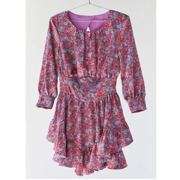 For Love & Lemons Red Purple Floral Corset Open Back Flare Dress - Picture 2 of 7